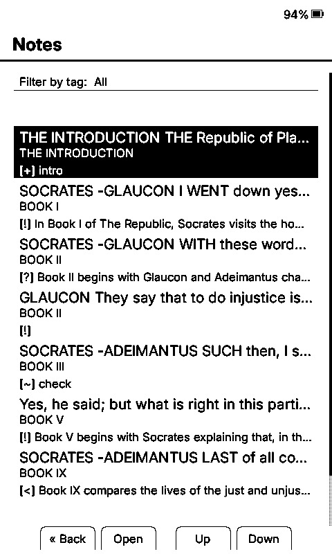 Notes list showing each highlight with its tag, chapter and note