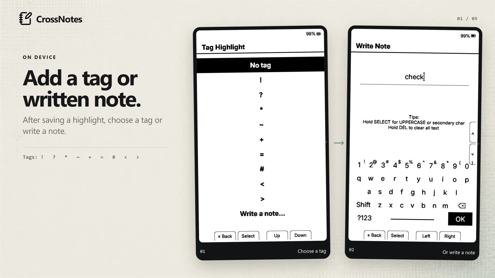 CrossNotes tag picker and on-device note keyboard