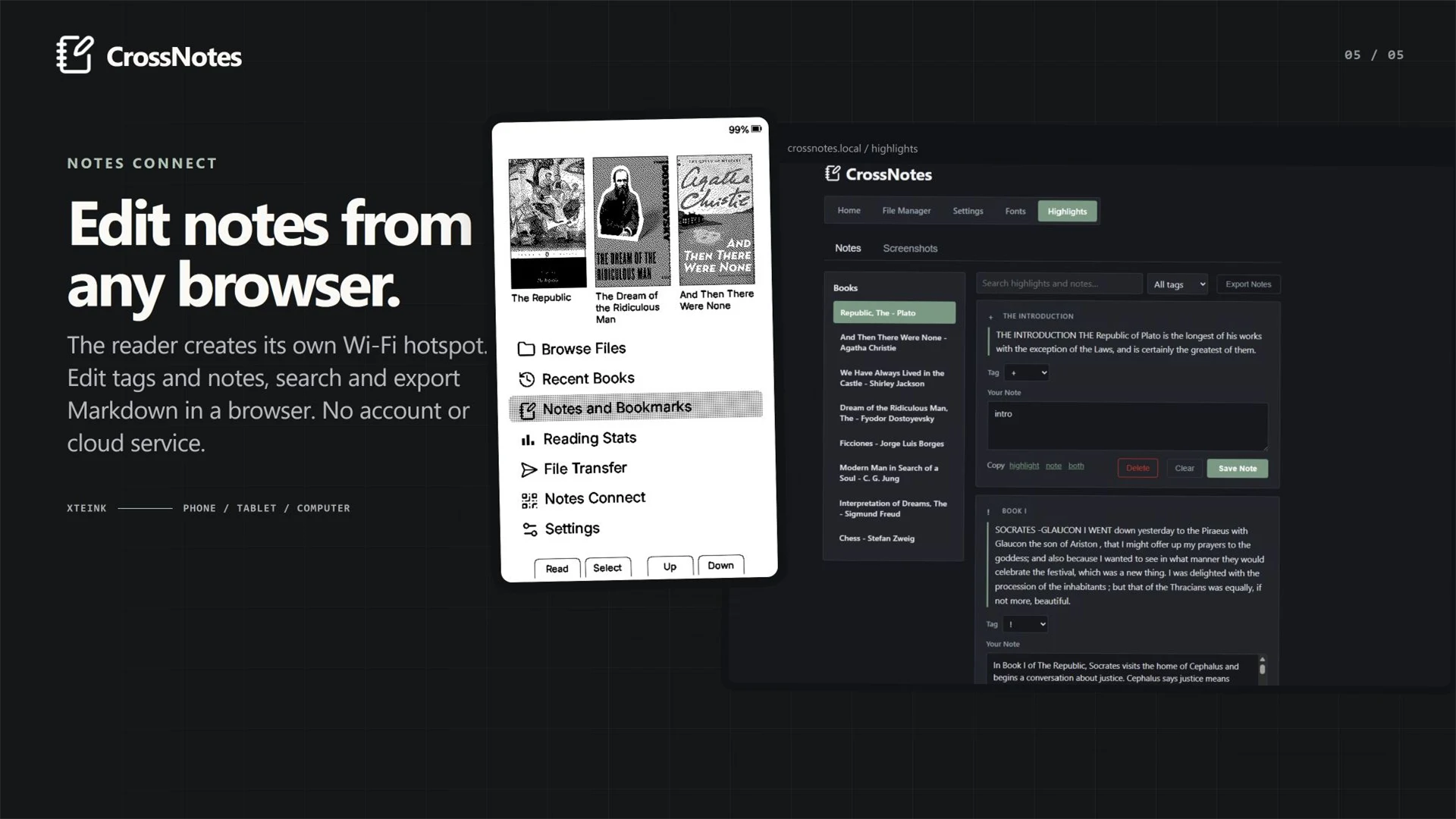 CrossNotes Notes Connect browser interface beside an Xteink reader