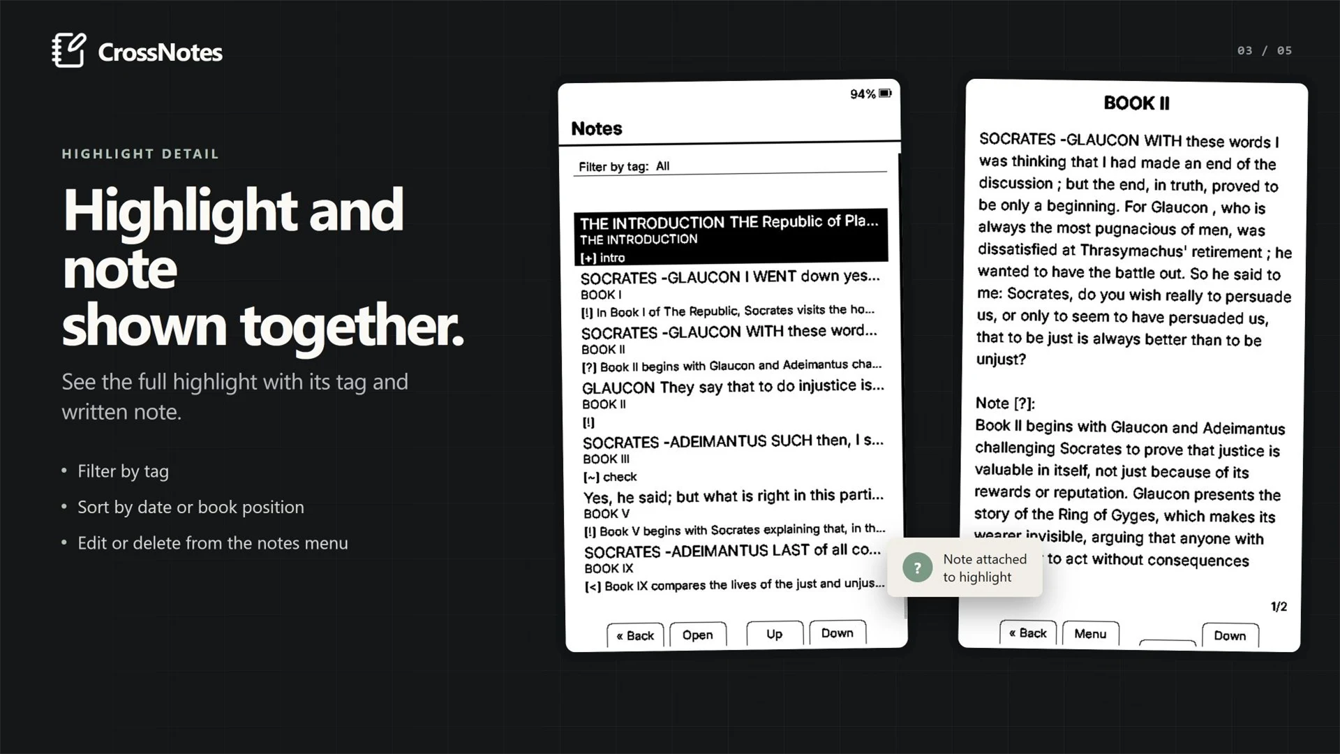 CrossNotes note list and highlight detail shown together