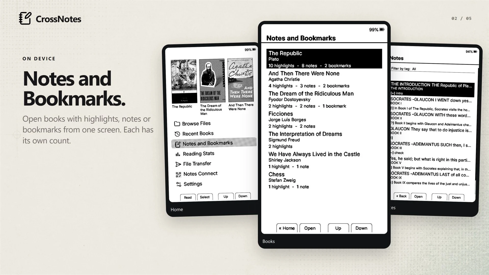 CrossNotes Notes and Bookmarks library shown across three reader screens