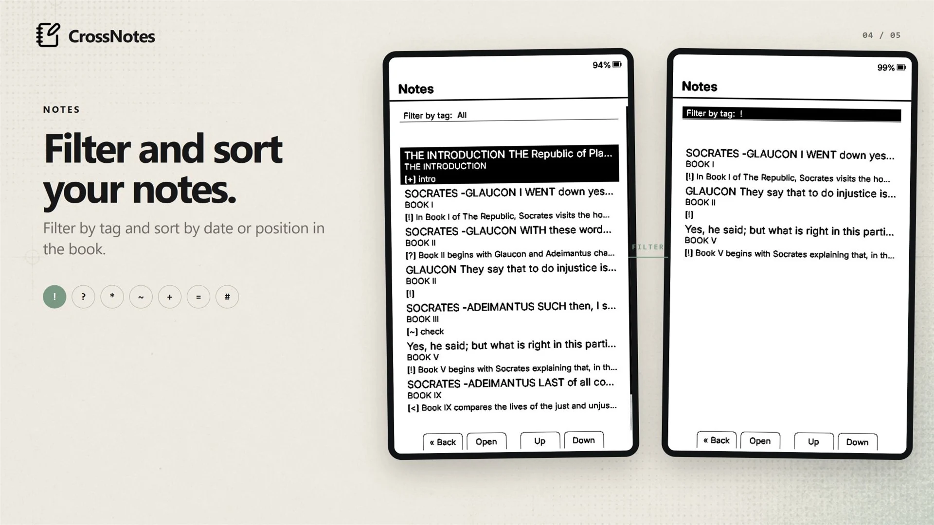 CrossNotes note list being filtered and sorted