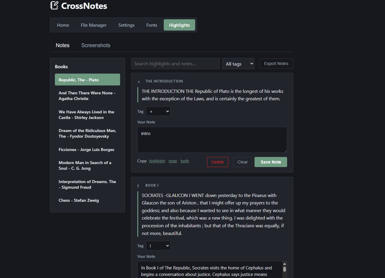 The CrossNotes phone page listing books and highlights, with tag dropdown, note field, search and export