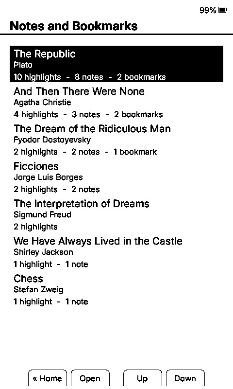 Notes and Bookmarks screen listing annotated books