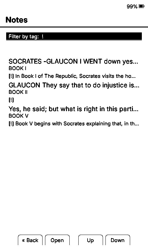 Notes list filtered to show only highlights tagged with an exclamation mark