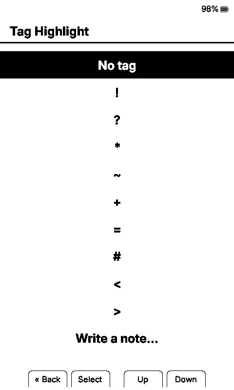 Tag picker on an Xteink X4 after saving a highlight